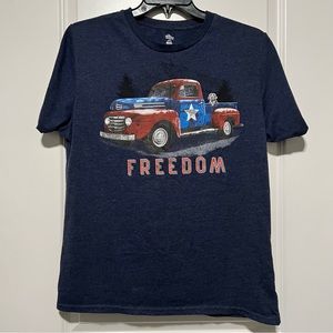 Celebrate Patriotic “Freedom” Graphic Dog In A Truck Red And Blue T-shirt Navy